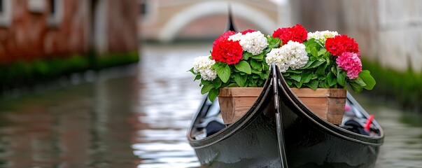 A gondola adorned with vibrant flowers glides through a serene canal, framed by historic buildings and a charming archway in the background.