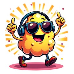 Naklejka premium Art of a whimsical cartoon popcorn kernel wearing sunglasses and headphones, dancing in a vibrant party setting.