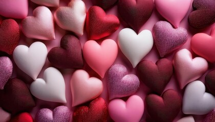 Fototapeta premium Enchanting Valentine's Day Heart Montage. Stunning Display of Glittering Pink, Red, and White Hearts Perfect for Romantic Cards, Festive Decorations, Gift Wrap Designs, and Digital Creations