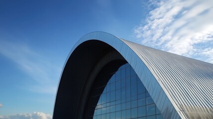 Curved Roof of Warehouse with Blue Sky Background. Architecture and Aviation Design