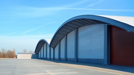 Obraz premium Curved Roof. Warehouse Architectural Design with Blue Sky Background