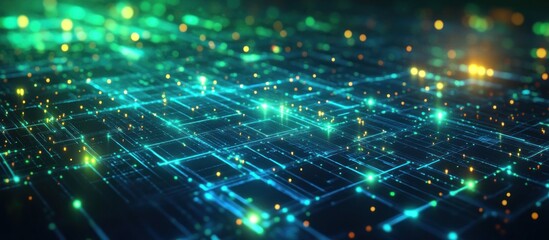 Abstract futuristic digital background with glowing lines and particles.