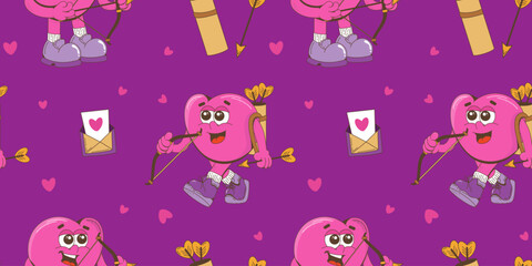 Seamless pattern with hearts, arrows, cupid. Happy Valentine's Day. Design for textiles, packaging, postcards.