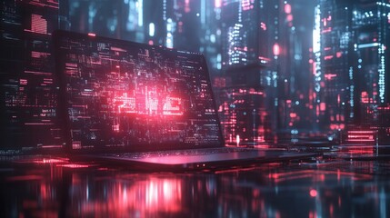 Obraz premium A futuristic cityscape with a laptop displaying a digital interface with the text '2023' illuminated in red.
