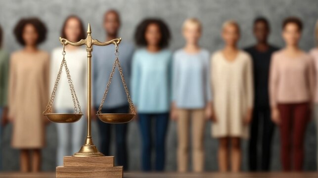 Balanced Scales of Justice Symbolizes Fairness and with Diverse Community Members Represented in the Background