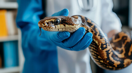 Veterinarian holding snake to celebrate Veterinary day. Veterinarian doctor examine a snake in his office. Horizontal banner. Copy space. World Animal Day