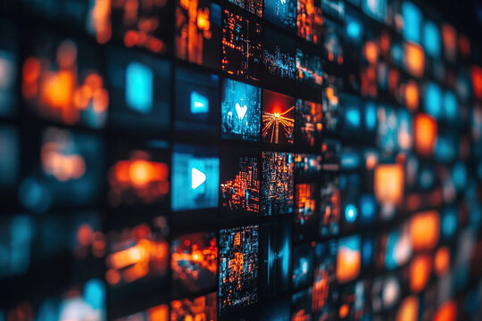 Video wall concept consisting of multiple screens broadcasting different videos. Generated by artificial intelligence