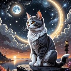 A cat in a dark coat, reflecting on the mysterious silence of the universe, digital painting
