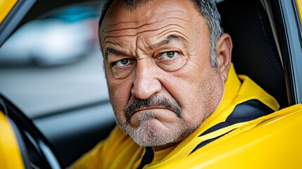 Man with a mustache and a yellow jacket is sitting in a yellow taxi cab. He looks angry and is...