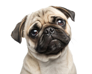 Obraz premium Pug portrait looking at camera isolated on white background. Pug headshot on white