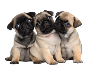 Pug puppies isolated on white background. Three pug puppies sitting and looking at camera on white