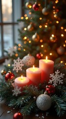 Decorative snowflakes, candles, wreaths on New Year background