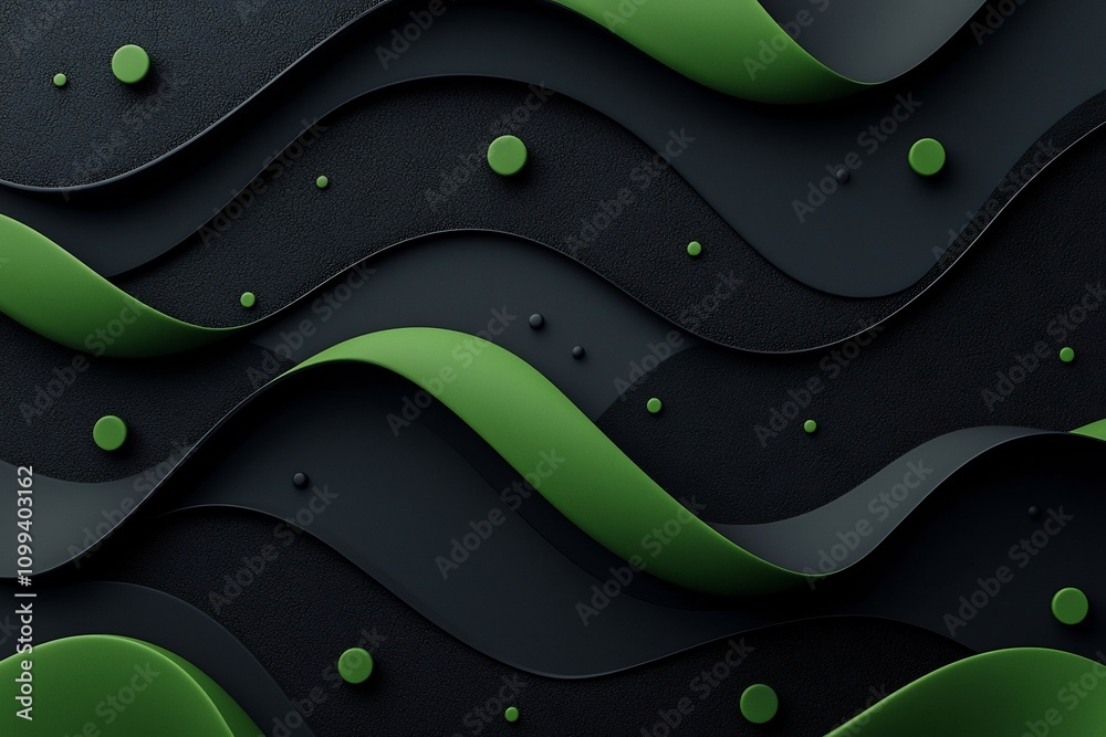 Poster Captivating abstract background featuring a dark moody surface with a mesmerizing pattern of green dots and fluid wave like lines created through 3D rendering in high