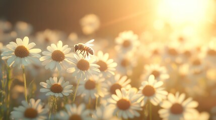 A Bee Gathering Pollen on a Daisy in the Golden Hour Sunlight