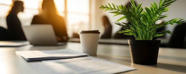 Fototapeta premium Coffee Cup on Office Table with Documents, Blurred Corporate Background, and Warm Sunlight Atmosphere