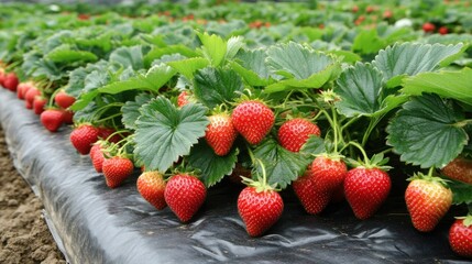 Ripe red strawberries growing in a lush green field.