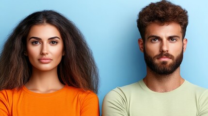 Fototapeta premium Man and a woman are standing next to each other, with the woman wearing an orange shirt