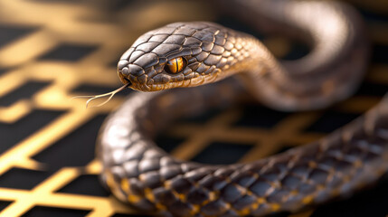 Obraz premium close up of snake with intricate scales and striking golden background, showcasing its elegant form and sharp features. image captures snake mesmerizing eyes and flicking tongue, evoking sense of