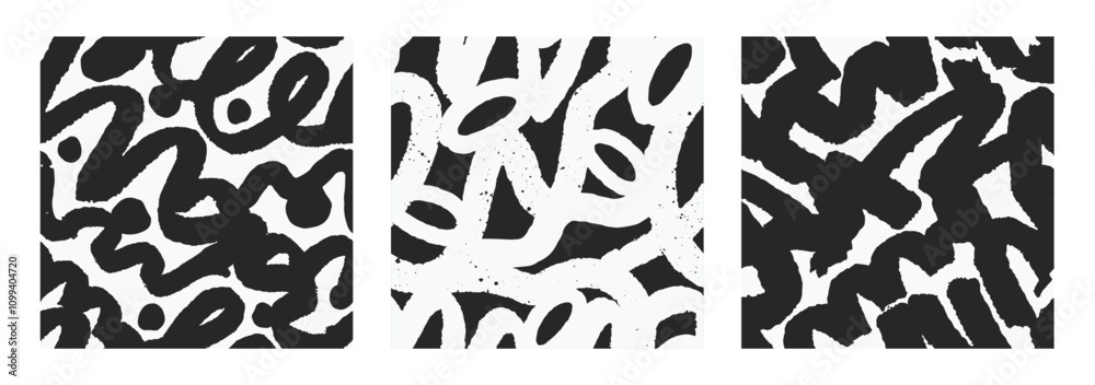 Aufkleber Seamless abstract pattern with dynamic brushstrokes. Black and white design, endless background, repeating print with squiggles. Textures set for fabric, textile, wallpaper. Flat vector illustration