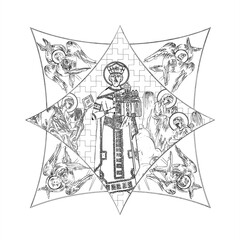 Obraz premium Stefan Lazarevich (name english). Cross dome with 4 apostles, angels and seraphim. Coloring page in Byzantine style