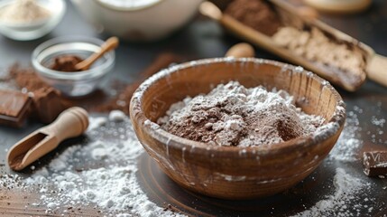 Fototapeta premium Rustic wooden bowl with cocoa powder and flour
