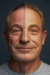 split-screen of man&rsquo;s face showing transformation from aged to youthful skin