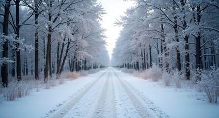 Fototapeta premium One white gravel path (road) surrounded by winter trees, viewed at human eye level, ultra-realistic, showing the serene path leading through snowy branches.