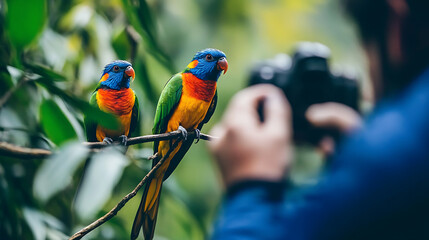 A close-up of a wildlife photographer capturing images of colorful tropical birds perched on jungle branches 