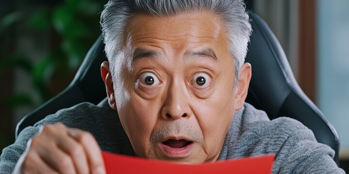Man with a surprised expression is holding a red piece of paper. Concept of curiosity and anticipation, as the man looks at the paper with wide eyes