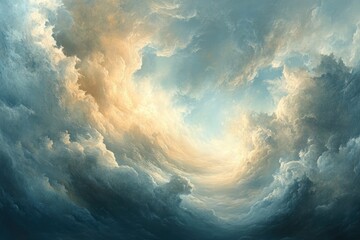Naklejka premium A swirling, celestial vortex of clouds with a radiant golden light emanating from its center.