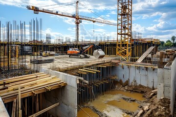 Construction site with cranes and machinery in active phase