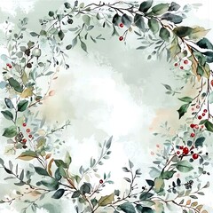 Soft watercolor Christmas wreath, mistletoe and holly berries, gentle green and red washes, traditional card design