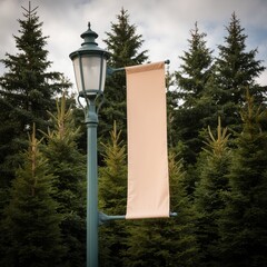 Old street lamp post with a lantern in a park under a blue sky surrounded by trees and buildings