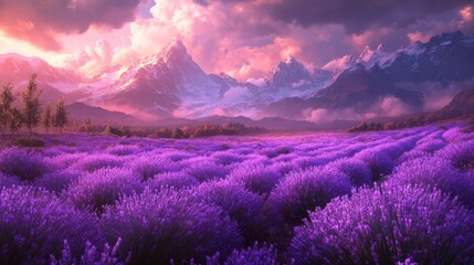 Obraz premium Lavender Field at Sunset with Mountain Range in Background