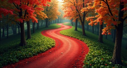 Red gravel path (road) intersecting under spring trees, close-up view from above, ultra-realistic 3D rendering.