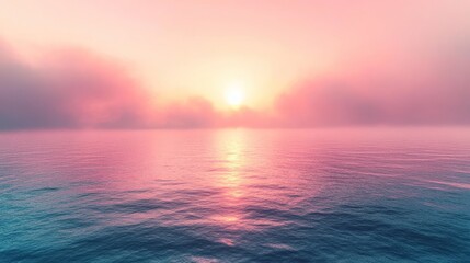 Obraz premium Peaceful sunrise over calm ocean, misty pink and purple sky.