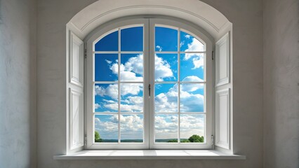 A beautiful window that captures the vibrant colors of a clear blue sky with puffy white clouds, lively, natural, sunny