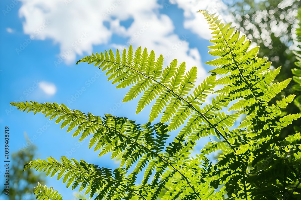 Canvas Prints Bright green ferns against a blue sky with clouds