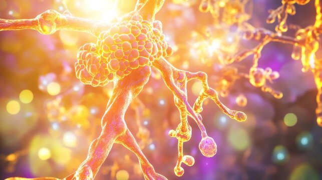 An artistic depiction of the human lymphatic system with glowing lymph nodes and vessels against a vibrant, abstract background, Creative style