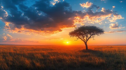 Fototapeta premium A wide-open savannah with acacia trees and a dramatic sunset, African nature landscape. dramatic lighting.