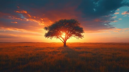 Obraz premium A wide-open savannah with acacia trees and a dramatic sunset, African nature landscape. dramatic lighting.