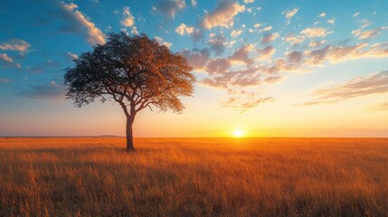 Obraz premium A wide-open savannah with acacia trees and a dramatic sunset, African nature landscape. dramatic lighting.