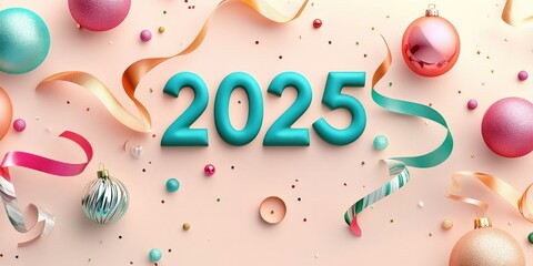 Naklejka premium Bright teal 2025 numbers surrounded by colorful ornaments, ribbons, and confetti on a soft beige background, evoking a festive and celebratory new year atmosphere