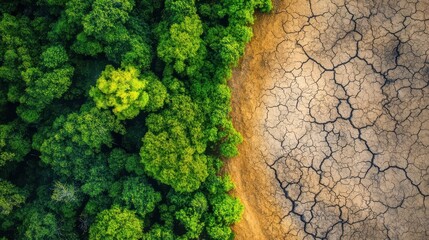Obraz premium Green forest meets cracked dry soil, showcasing climate change's environmental impact