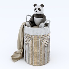 Children's soft toy panda on a wicker laundry basket. Isolated on a white background. 3d render © SodaPro