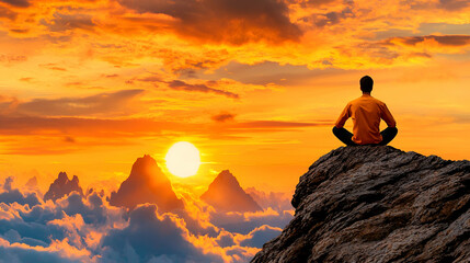 A person meditating on a rocky outcrop, overlooking clouds and mountains at sunset, embodying peace and tranquility.