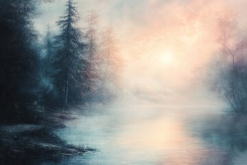 Fototapeta premium A misty sunrise over a still lake, with tall trees lining the shoreline and soft light illuminating the sky.
