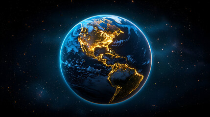 Obraz premium A vibrant, illuminated view of Earth from space, showcasing continents highlighted against a dark starry background.