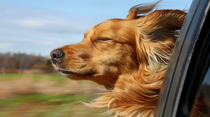 A joyful golden retriever sticking its head out of a moving car window, ears flapping in the wind, against a backdrop of a sunny countryside