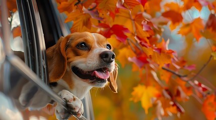 A cheerful beagle with its head outside a vehicle window, with vibrant fall leaves in the background